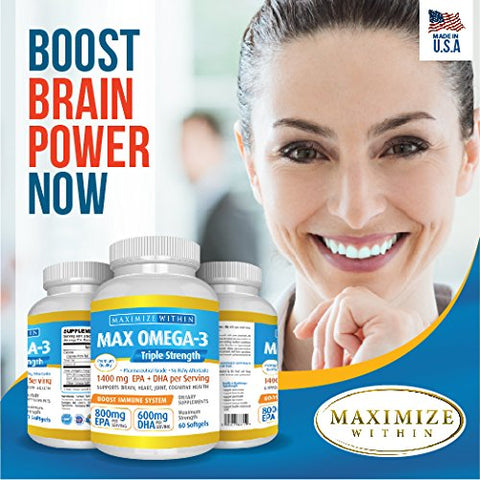 Max Omega 3 Fish Oil Pills – Triple Strength Fish Oil Supplement (2000 mg Total Omega 3 Fatty Acids: 600mg DHA + 800 mg EPA per Serving)MAX OMEGA