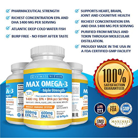 Max Omega 3 Fish Oil Pills – Triple Strength Fish Oil Supplement (2000 mg Total Omega 3 Fatty Acids: 600mg DHA + 800 mg EPA per Serving)MAX OMEGA