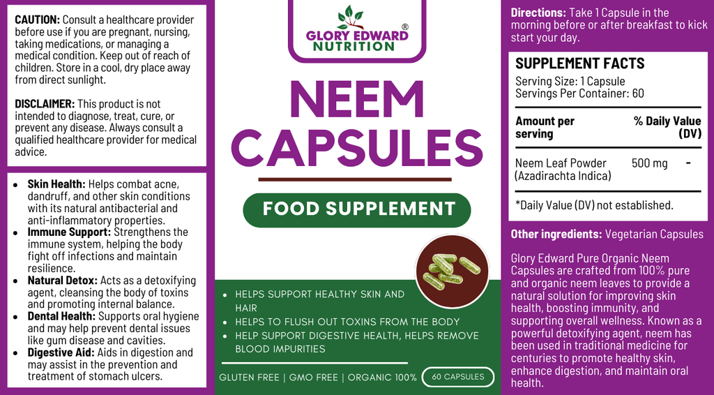 Organic Neem Capsules - Glory Edward Nutrition