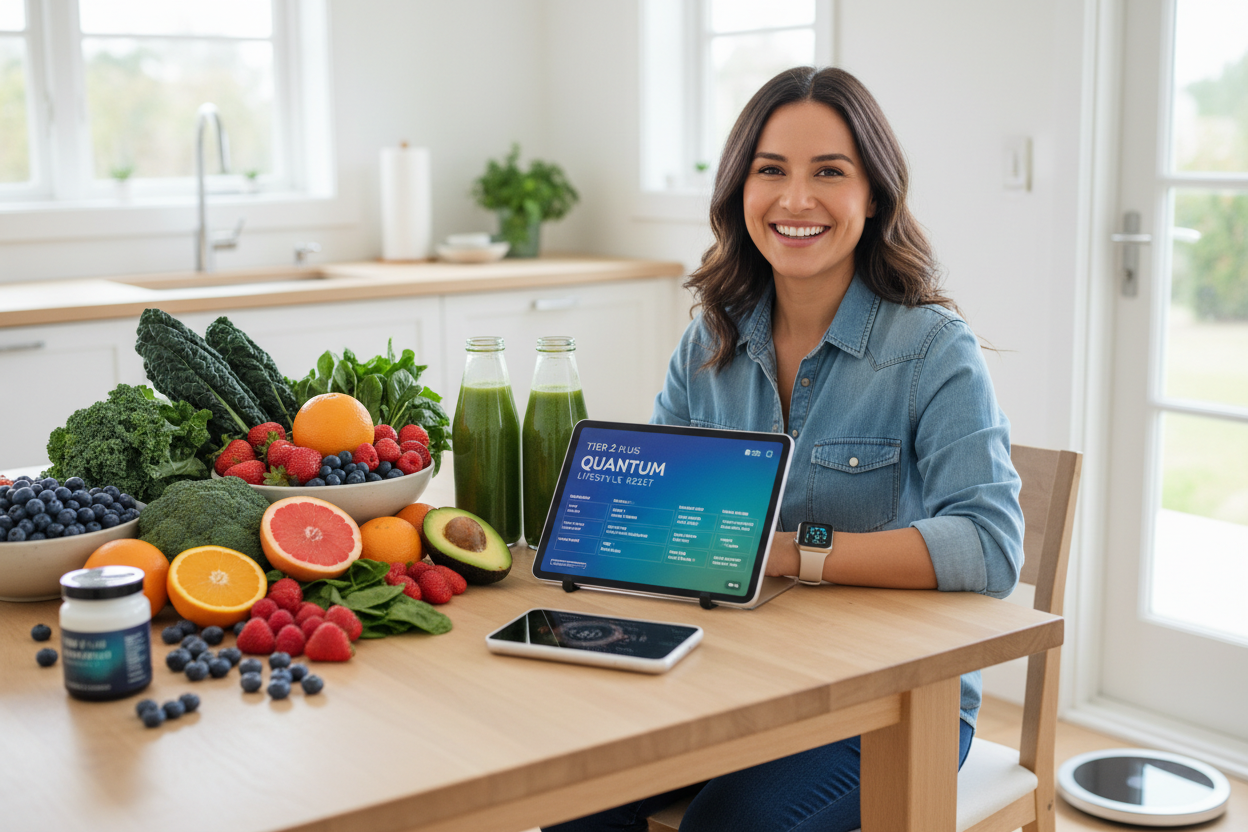Create an image of a healthy person happy and smiling surrounded by healthy food, meal plans, advanced technology, smoothies, fresh fruit and vegetables that all form part of a healthy lifestlye program called TIER 2 PLUS QUANTUM LIFESTLYE RESET