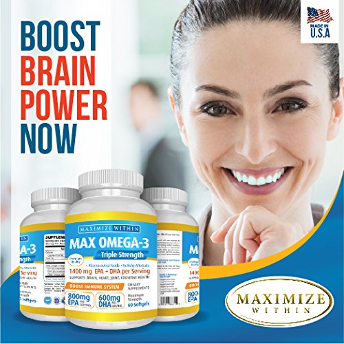 Max Omega 3 Fish Oil Pills – Triple Strength Fish Oil Supplement (2000 mg Total Omega 3 Fatty Acids: 600mg DHA + 800 mg EPA per Serving)MAX OMEGA
