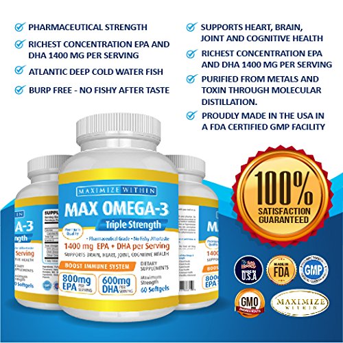 Max Omega 3 Fish Oil Pills – Triple Strength Fish Oil Supplement (2000 mg Total Omega 3 Fatty Acids: 600mg DHA + 800 mg EPA per Serving)MAX OMEGA