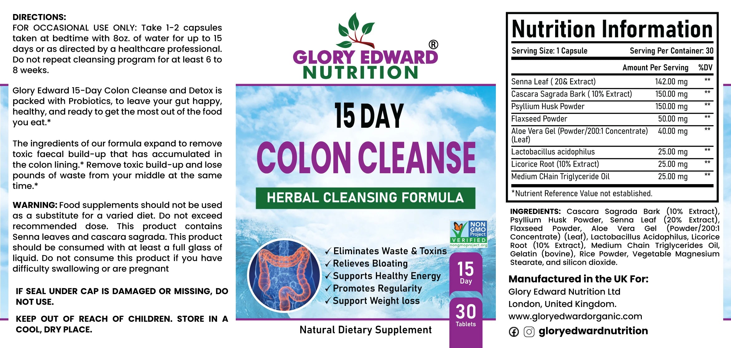 Glory Edward 15 Day Colon Cleanse and Detox, Herbal Detox Formula,